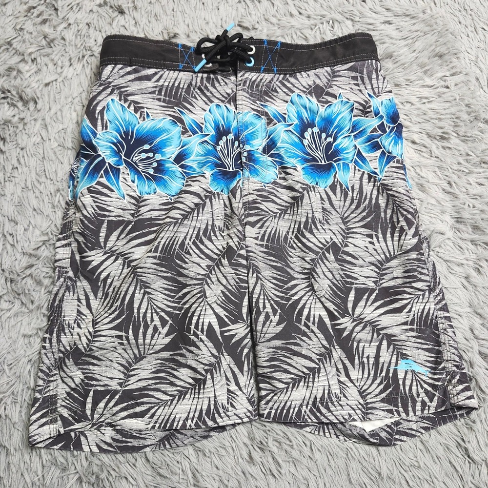Tommy Bahama Mens Swim Trunks‎ Small Black Blue Floral Palm Lined Board Shorts